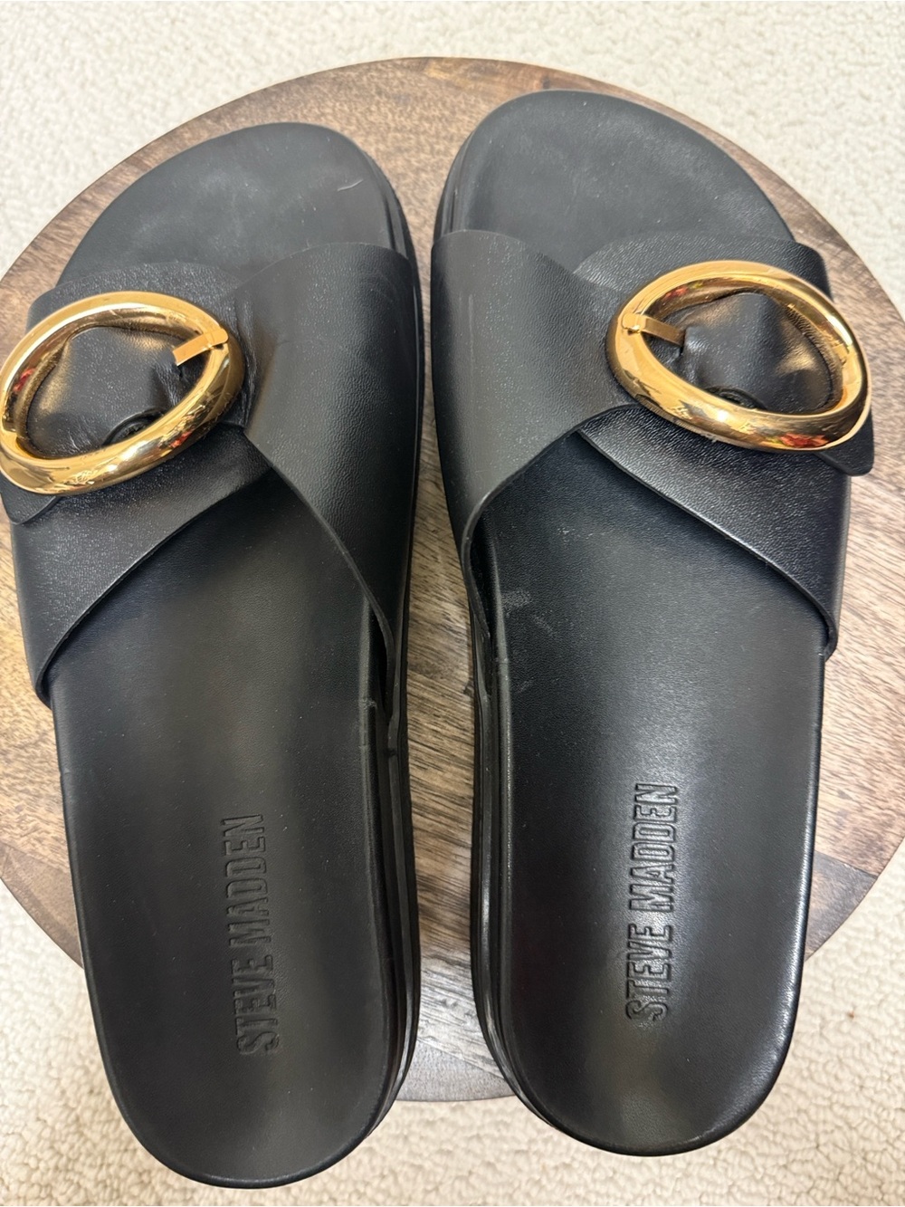 Steve Madden Black Slide Sandals with Gold Ring Accent